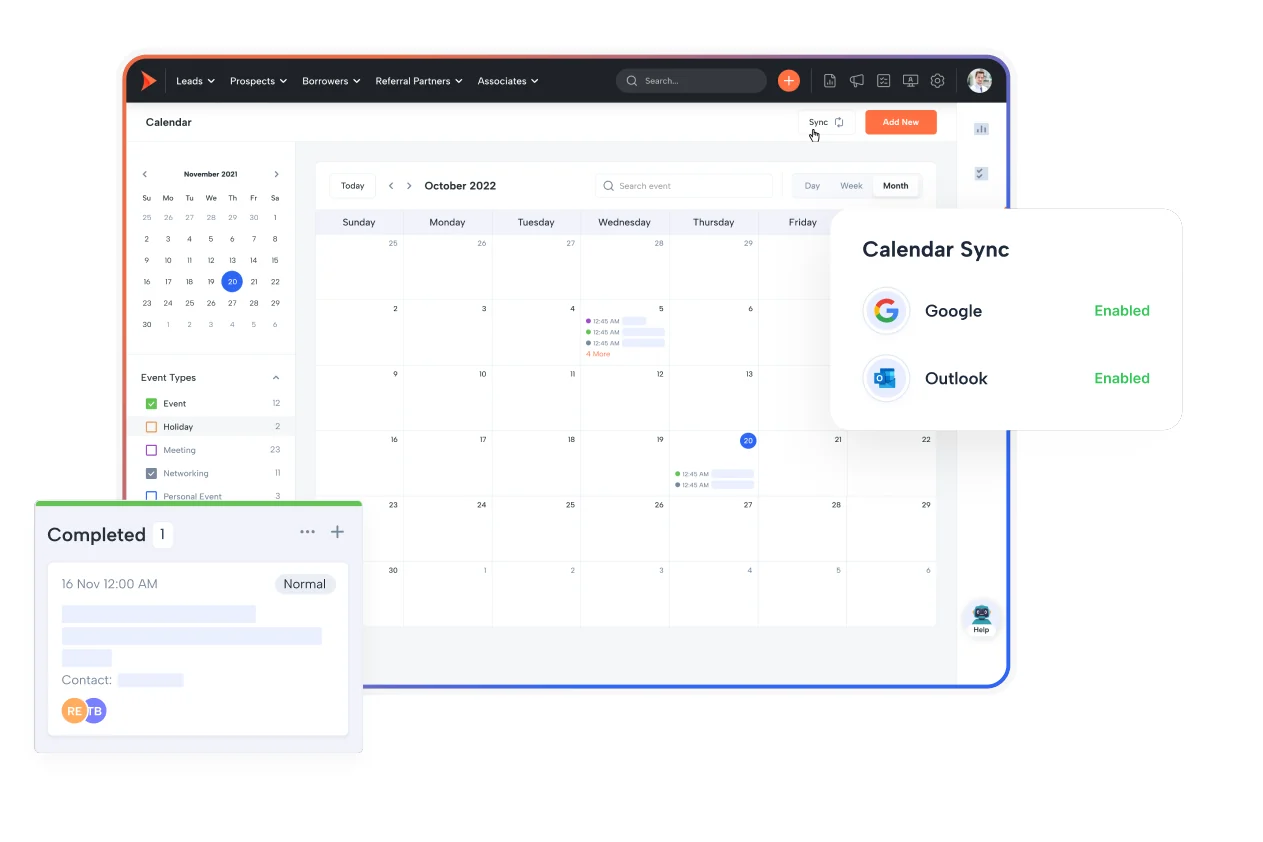 Shape calendar in month view with event types and completed tasks, alongside calendar sync showing Google and Outlook both enabled.