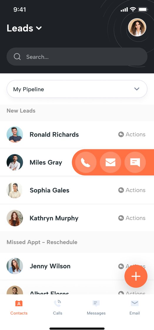 Shape mobile app showing the leads pipeline with swipe actions to call, email or text a borrower.