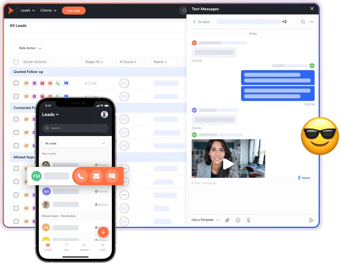 Shape mortgage CRM leads list beside a text message thread with a video message, and the mobile app showing call, email and text shortcuts on a lead.