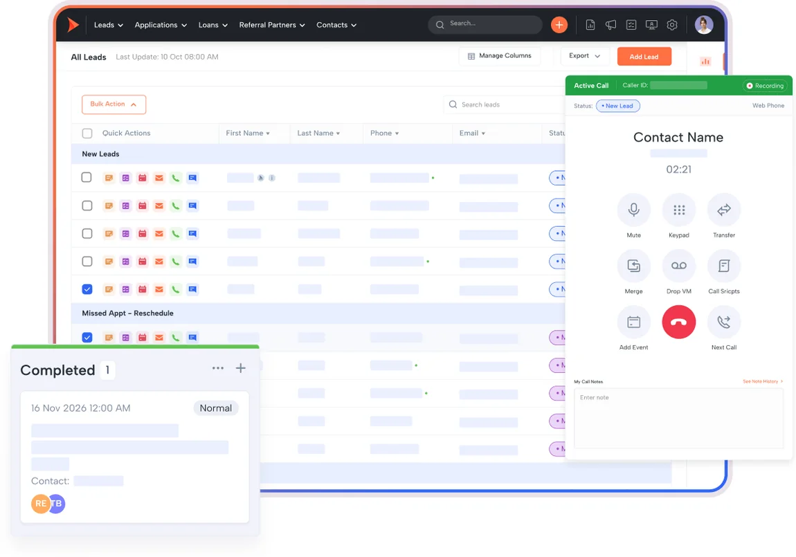 Shape mortgage CRM All Leads pipeline grouped by status, with an active call panel showing transfer and call-script controls and a completed task card.