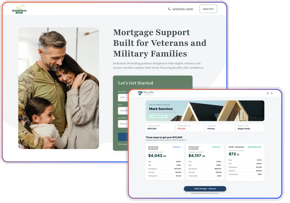 A Magnolia Bank VA lending landing page with a lead capture form, beside a Trust One cash-out refinance quote comparing three loan options.
