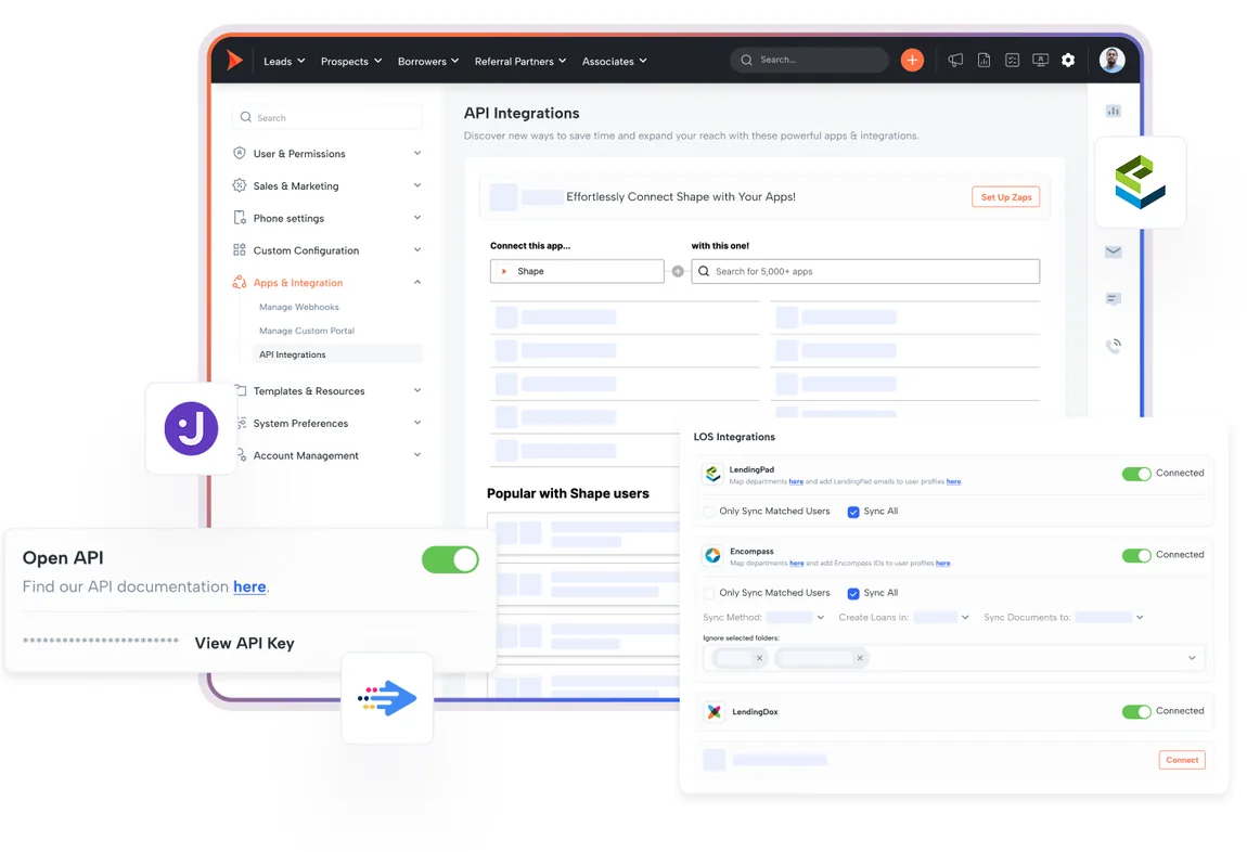 Shape API integrations settings with LOS integrations for LendingPad, Encompass and LendingDox connected and syncing, plus an open API toggle and API key panel.