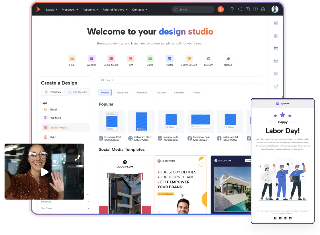 Shape design studio for mortgage marketing, with ready-made email, social, print and video templates plus a branded Labor Day email on mobile.