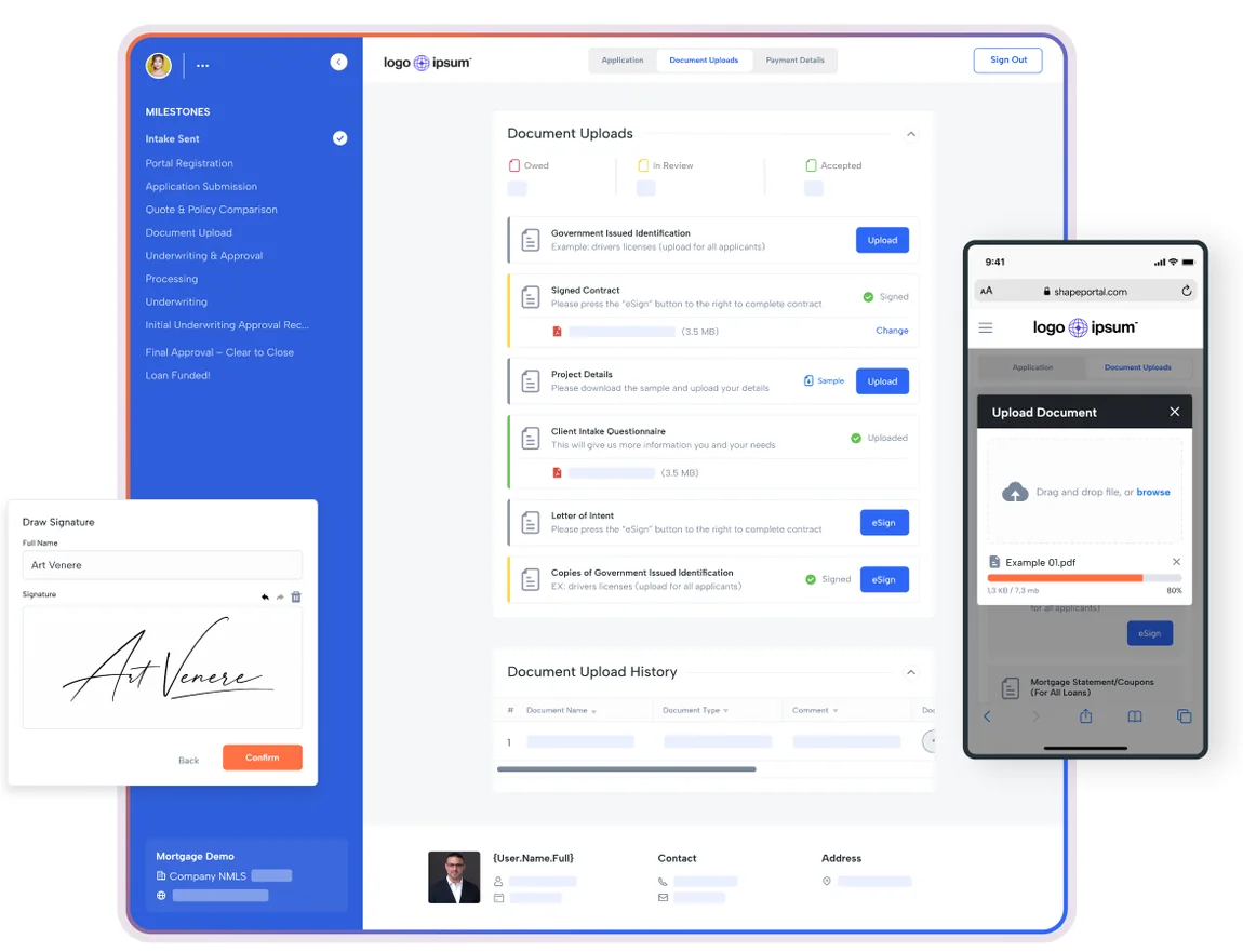 Shape borrower portal showing milestone tracking, a document upload checklist with e-sign, a draw-signature dialog and the mobile upload screen.