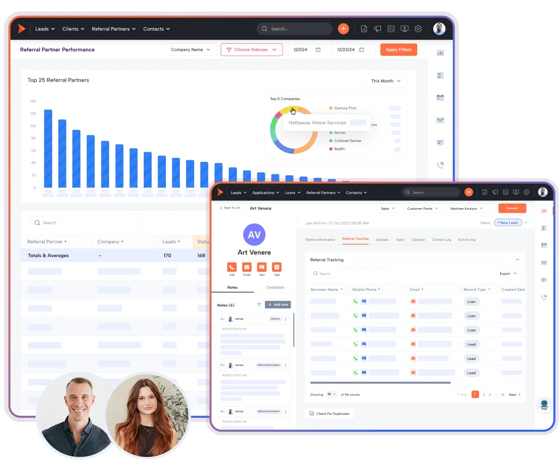 Shape referral partner performance report ranking the top 25 partners with a top-five companies breakdown, beside a partner record showing referral tracking of their borrowers.