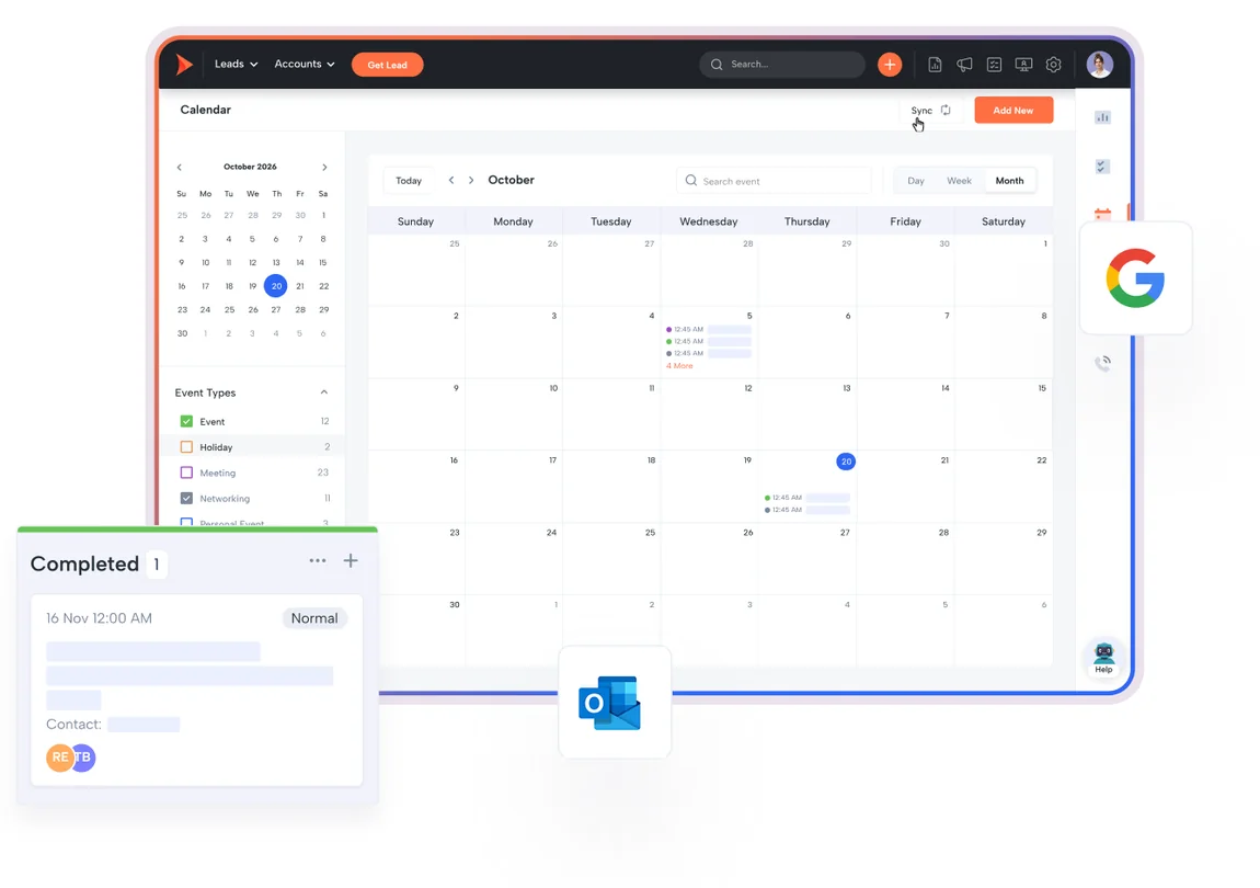 Shape mortgage CRM calendar in month view with event types and Google and Outlook calendar sync, alongside a completed task card linked to a contact.